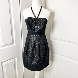 BCBGMax Azria Black Halter Rhinestones Metallic Sheath Cocktail Dress, Size 0